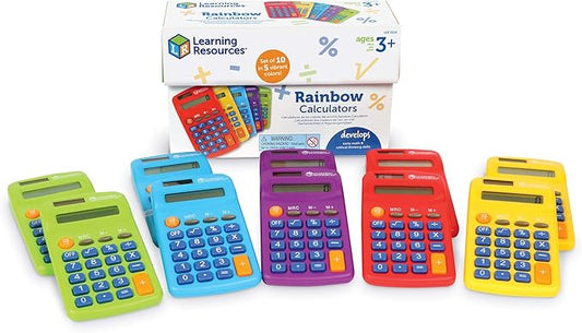 Learning Resources Rainbow Calculators - Solar Powered, Classroom Must Haves, Back to School, Math Manipulatives, Teacher Set of 10, Ages 3+