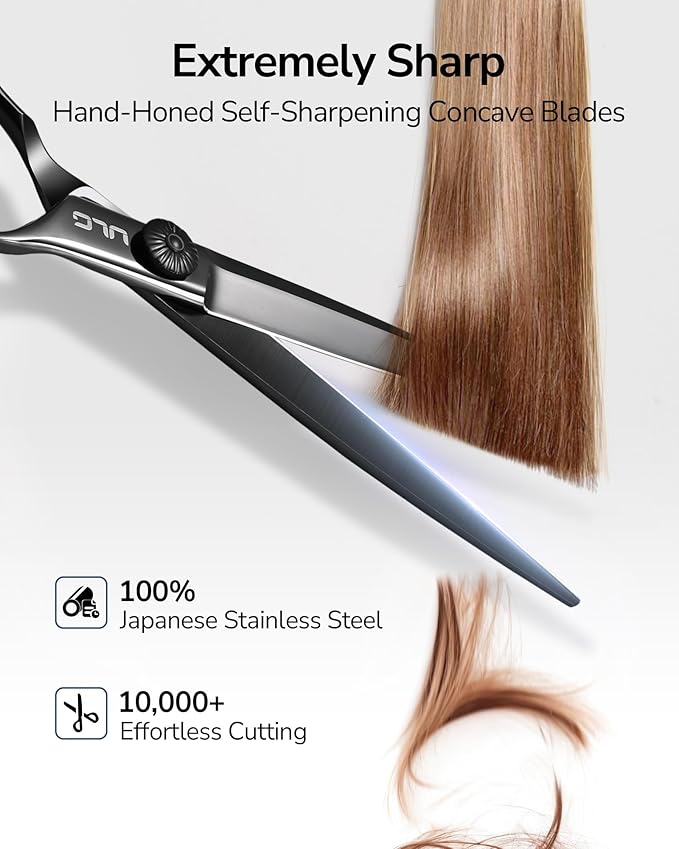 ULG Hair Cutting Scissors Shears Set, 7.5 Inch Professional Barber Thinning Scissor, Hairdressing Texturizing Edge Razor, Comb, Clips, 8 Pcs Stainless Steel Haircut Kit for Salon & Home (Black)