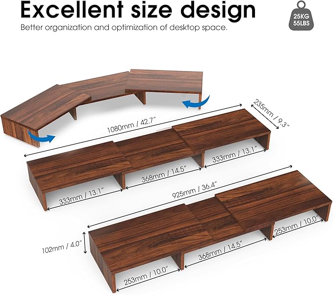 FITUEYES Dual Monitor Stand – 3 Shelf Computer Monitor Riser, Wood Desktop Stand with Adjustable Length and Angle, Desk Accessories, Office Supplies Medium Brown, DT108002WB