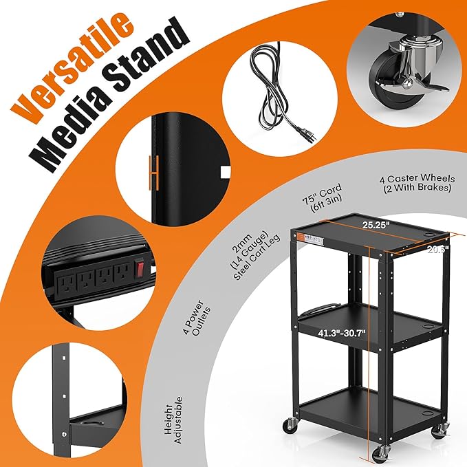 3 Shelf Metal Utility Cart - Durable Computer Cart on Wheels with Power Strip,Height Adjustable AV Presentation Cart Stand for Movie Projector,TV and Laptop Computers,Easy to Assemble, Black