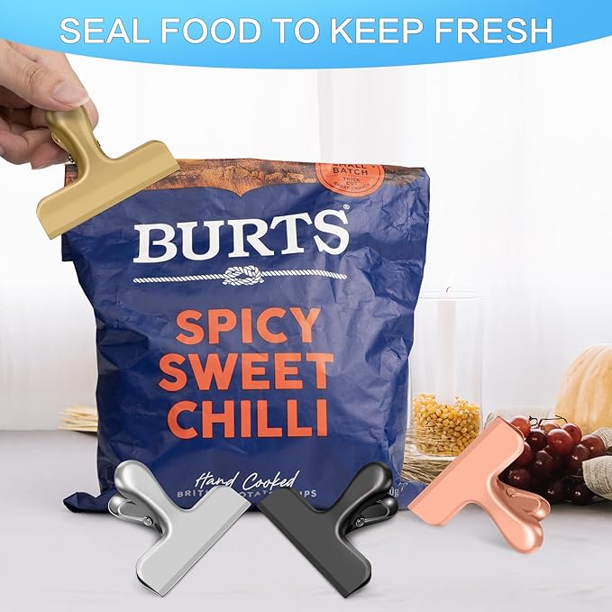 12 Pack Chip Clips, Stainless Steel Chip Bag Clips, Food Clip, Heavy Duty Bag Clip for Food Storage, Perfect for Kitchen Office Usage(Gold)