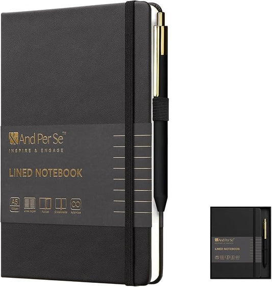 &And Per Se Lined Journal and Pen Set, A5 Hardcover Notebook, 160 Pages 100GSM Thick Paper-Gifts for Men Women, for Work, Business, School or Home Writing (Black)