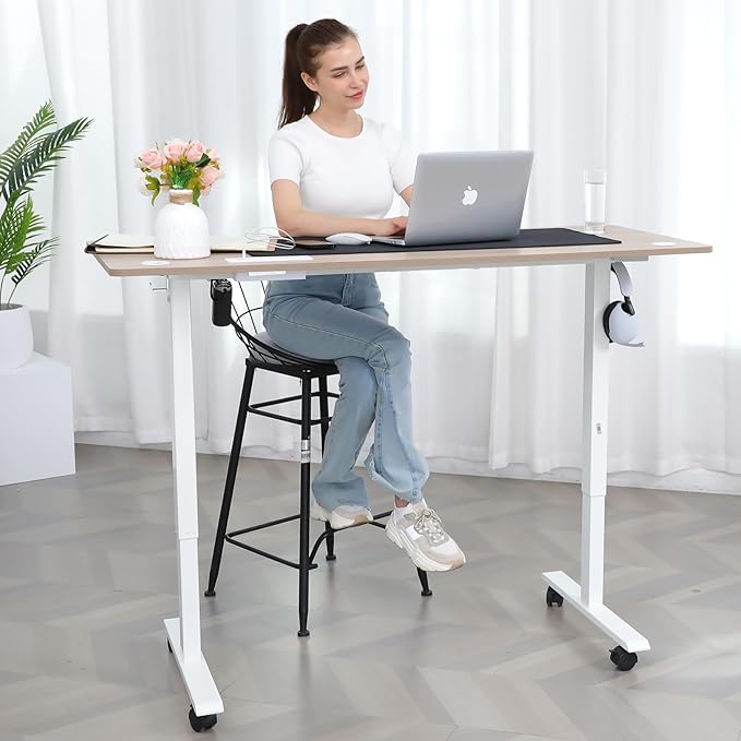 farexon Electric Standing Desk 63 x 24In with Outlets, Adjustable Height Stand up Desk with Large Mouse Pad, Double Hooks and 4 Wheels, 27''-46'' Lifting Range, Easy to Set for Home/Office(Oak Gray)