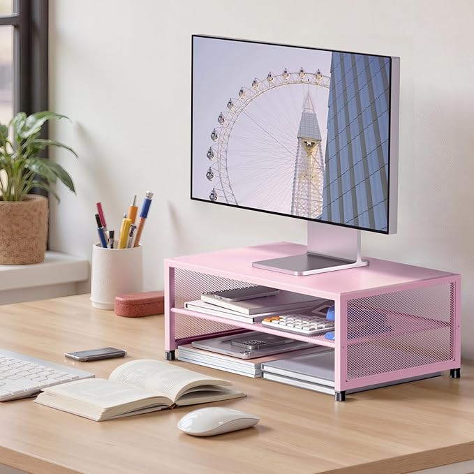 Desk Organizers and Accessories, 2-Tier Metal Computer Monitor Stand Riser, Desk Organizer for Monitor, Printer & Laptop Stand, Desktop Workspace Organizers for Office Supplies(Pink)
