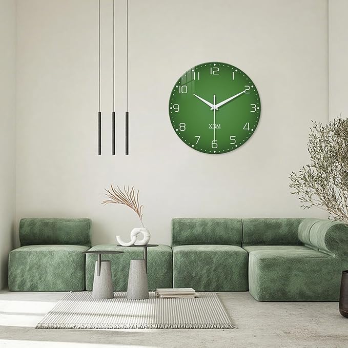 XNM Green Glass Big Wall Clock Battery Operated 20 Inch Modern Clock for Living Room Decor Large Wall Clock Silent