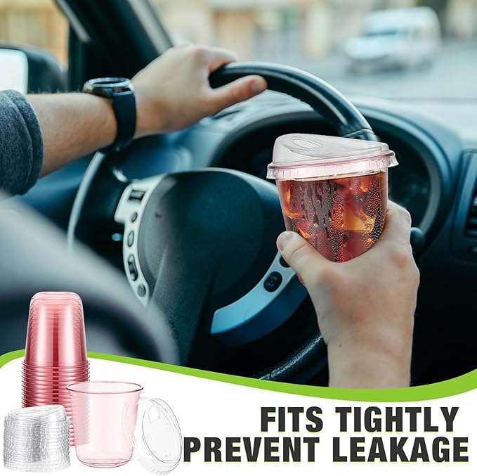 50 Sets Clear Plastic Coffee Cups with Sip Lids, Disposable Plastic PET Crystal Cups for Iced Coffee, Smoothie, Cold Beverage, Drink Shops and Party Catering(Clear Pink,12 oz)