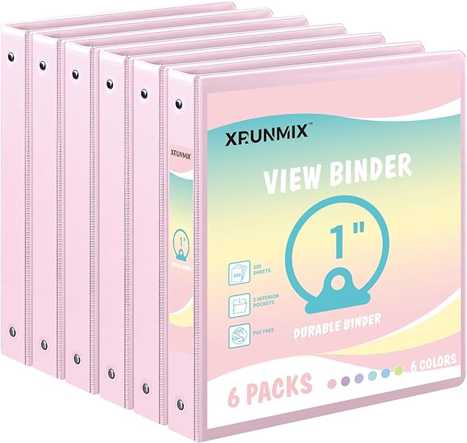1-inch 2-inch 3-Ring Binder with Pockets, Basic Binders 1''2'' Color Binders, Holds Letter Size 8.5'' x 11'',200/450 Sheet Capacity, Bundle 6 Pack for Back to School (1'' Pink - 6 Packs)