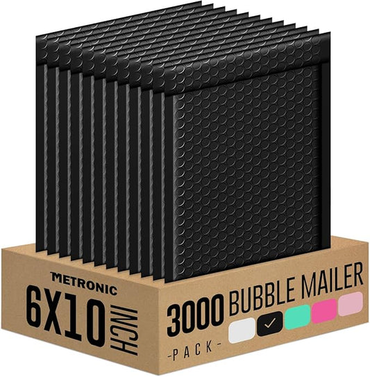 Metronic Bubble Mailers 6x10 Inch 3000 Pack Black Waterproof Bubble Mailer Usable Size 6x9'' Padded Envelopes Self Seal, Cushioning Poly for Packaging, Shipping, Mailing, Small Business Supplies