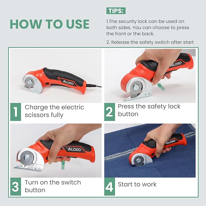 VLOXO Electric Scissors, Cordless Cardboard Cutter Power Box Cutter with Safety Lock, Multi-Cutting Tools for Cardboard, Rechargeable Mini Scissors for Plastic Leather Canvas with Storage Box Orange
