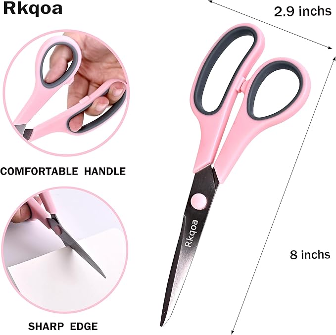 Scissors Set of 6 Bulk, Rkqoa 8" All Purpose Scissors Pack - with Ultra Sharp Blades and Comfort Grip Handles for School Office Classroom Everyday Use, Adult Size Scissor