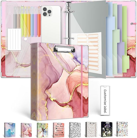 3 Ring Binder 1 Inch, Three Ring Binders Organizer with Clipboard, 5-Tabs Pockets Dividers, Plastic Folder, 18 Divider Stikers, BVSSX Pink Decorative Binder with Pen Loop (Pink Marble, Letter Size)