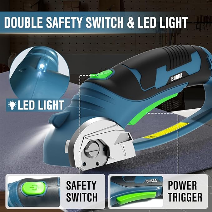 BUBRA Cordless Electric Scissors for Cardboard, Fabric & Carpet, 4V Cardboard Cutter, Rechargeable Electric Box Cutter Cuts up to 1/3", Includes 4 Blades and key,Safety Lock & LED Light