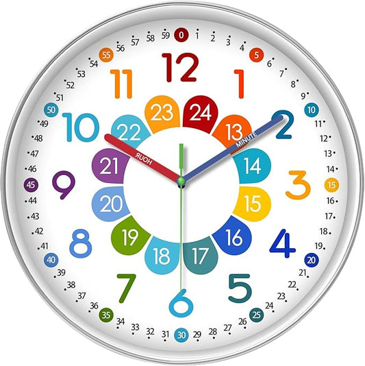XFM Silent Kids Wall Clock Battery Operated 12 Inch Non Ticking Kids Teaching Clock Colorful Analog Learning Clock Decorative for Kids Room Classroom School