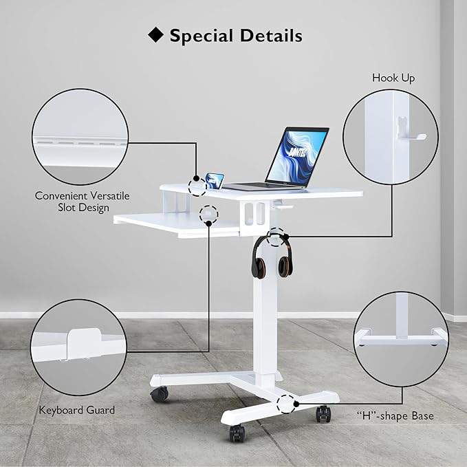 BONTEC Mobile Standing Desk with Keyboard Tray, Mobile Podium, Rolling Laptop Sit Stand Desk on Wheels, Adjustable Height Up to 33lbs, Portable Computer Workstation Cart for Living Room, Office, White