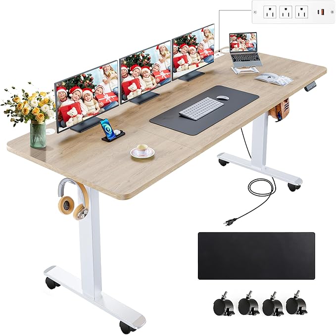 farexon Electric Standing Desk Adjustable Height, 70.8 x 27.5in Sit Stand up Desk with Outlets, Mouse Pad, 3 USB Ports & 3 Power Outlets, Casters, Hooks,4 Memory Preset Heights Home Office, Oak Grey