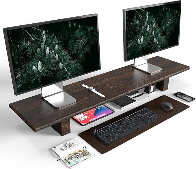 "WEGASTU Solid Wood Rustic Desk Monitor Stand with Storage，Large Dual Monitor Stand Riser for Laptop Computer/TV/PC/Printers, Perfect Desktop Stands Organizer with Underneath Storage for Office