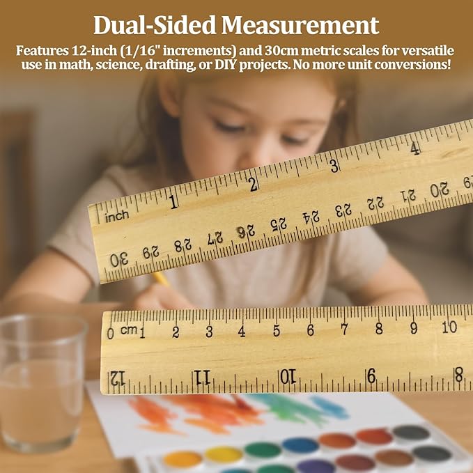 Wooden Ruler 12 Inch Bulk Dual-Sided Inches & Metric Measuring Stick for Classroom, Office, School for Teachers, Students, Artists (12 Pack)