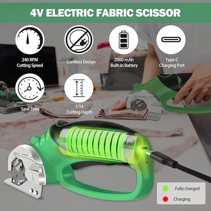 Cordless Electric Scissors, 4V Box Cutter & Cardboard Cutter with 2 Titanium Blades - Rotary Cutter with LED Light for Fabric, Leather, Carpet, Plastic, Crafting + Storage Case (Lime Green)