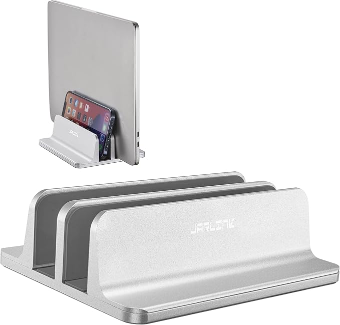 JARLINK Vertical Laptop Stand Holder, Aluminum Double Desktop Stand Holder with Adjustable Dock (Up to 17.3 inch), Compatible with MacBook, Surface, Chromebook, and Gaming Laptops, Silver