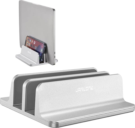 JARLINK Vertical Laptop Stand Holder, Aluminum Double Desktop Stand Holder with Adjustable Dock (Up to 17.3 inch), Compatible with MacBook, Surface, Chromebook, and Gaming Laptops, Silver
