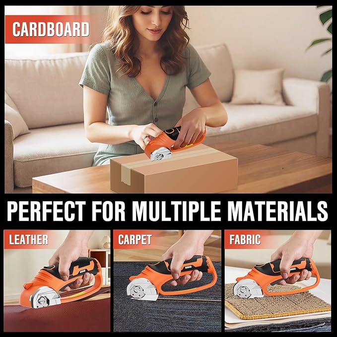 BUBRA Cordless Electric Scissors, 4V Cardboard Cutter with 4 Blades, Rechargeable Box Cutter up to 1/3", with Storage Bag, Safety Lock & LED Light, Electric Scissors for Cardboard, Fabric & Carpet