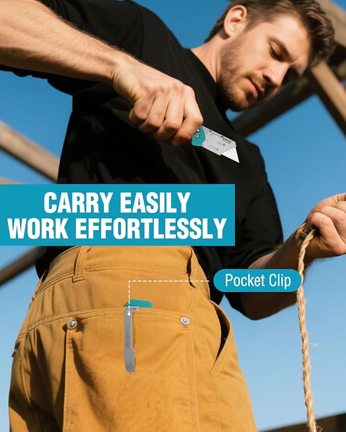 WORKPRO Box Cutter, Utility Knife Quick Change Blade Razor Knife, Folding Pocket Knife with Belt Clip and Axis Lock, 10 Extra Blades Included, Blue