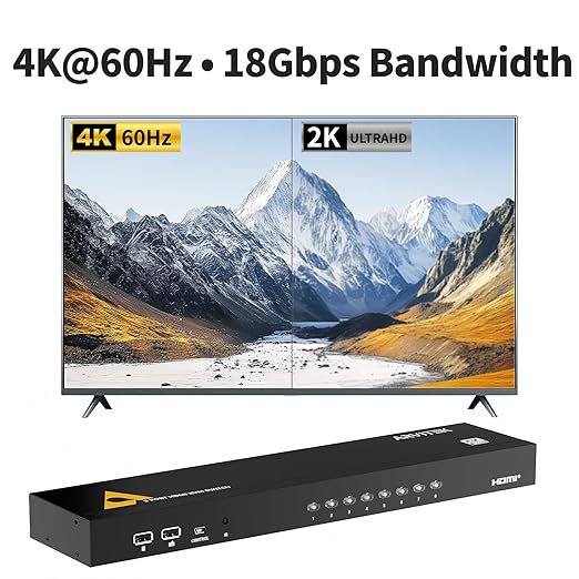 8 Port HDMI KVM Switch 4K@60Hz, 1U Rack Mount, USB Keyboard Mouse Sharing for 8PCs, Independent 3.5mm Audio Output, Includes 8 HDMI Cables, IR Remote, 4 USB 2.0 Hubs, Wired Controller