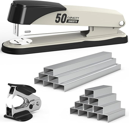 Metal Stapler Heavy Duty 50 Sheet Capacity with 1750 Staples and Staple Remover, Full Strip Staplers for Desk, No Jam, Non-Slip for Office & Classroom, White