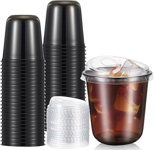 50 Sets Clear Plastic Coffee Cups with Sip Lids, Disposable Plastic PET Crystal Cups for Iced Coffee, Smoothie, Cold Beverage, Drink Shops and Party Catering(Black,12 oz)