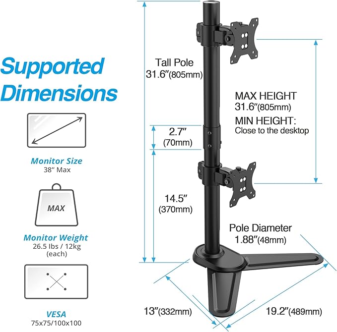 AVLT 38" Vertical Ultrawide Monitor Mount Stand Two Stacked 26.5 lbs Screens on Heavy-Duty Pole Save Workspace with Fine-Tune Height Tilt Swivel Rotate Adjustment Free Standing Sturdy Base