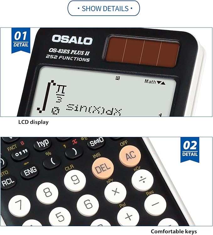 OSALO Scientific Calculator 252 Functions 2-line Written Display & Battery Solar Calculators for Secondary Students (OS-82ES-2)