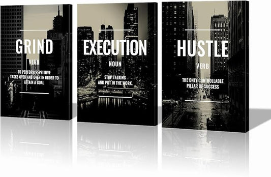 Xbolu Motivational Wall Decor Grind Hustle Execution Wall Art Inspirational Wall Decor for Office Pictures Motivational Posters Framed Canvas Wall Art Prints Artwork Office Wall Decor Ready to Hang