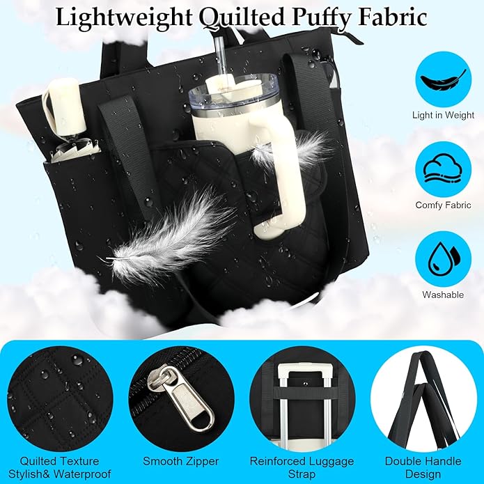 Work Tote Bag for Women with Large Front Cup Holder& 15.6 Inch Laptop Compartment, Lightweight Puffer Laptop Tote Bag with Long& Short Handle for Teacher Nurse Office Supplies Organizer (Black)