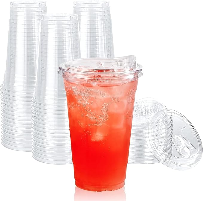 [90 PACK] 20 oz Clear Plastic Cups With Strawless Sip Lids, Disposable Plastic Cups With Sip Through Lids for Ice Coffee, Smoothie, Slurpee, or Any Cold Drinks