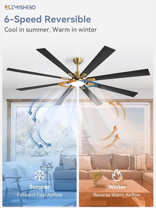 ZMISHIBO 80 Inch Black and Gold Ceiling Fans with Lights and Remote, Indoor/Outdoor Ceiling Fan for Patio Living Room, 6 Speed Reversible Quiet DC Motor, 3 CCT, Dual Finish Blades
