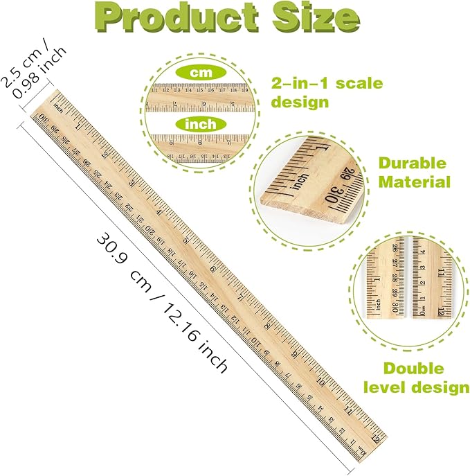 ZZTX 3 Pack Wooden Ruler 12 Inch Rulers Bulk Wood Measuring Ruler for Students Office School Supplies 2 Scale (30 cm)