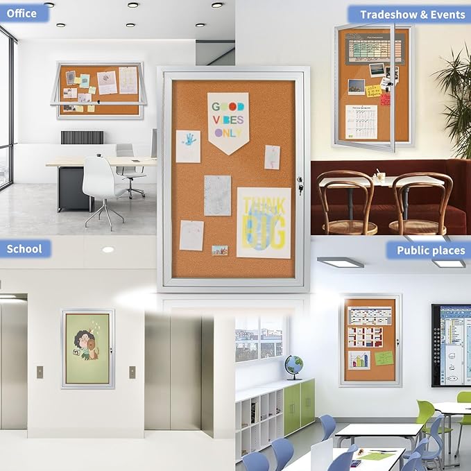 Outdoor Enclosed Bulletin Board Weatherproof 36"x24", Lockable Cork Noticeboard with Tempered Glass Locking Door, Secure Display for Notices, Posters & Memos