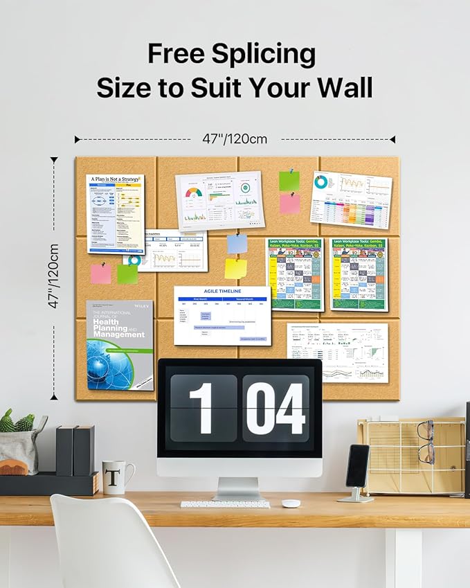 Large Cork Boards for Walls, 47"x35" Bulletin Board, 12-Pack Felt Wall Tiles with 60 Adhesive Tabs, Cork Boards for Office Decor, Felt Board Alternative Pin Board