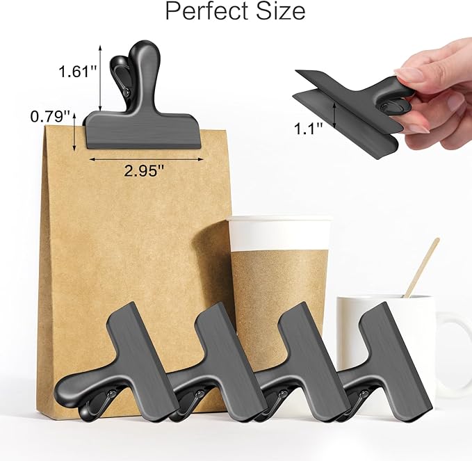 12 Pack Stainless Steel Chip Clips, Bag Clips for Food, Heavy Duty Chip Bag Clip for Kitchen and Office to Seal Coffee Bags, Paper Sheets, Metal Clip Air Tight Seal-3 Inches(Black)