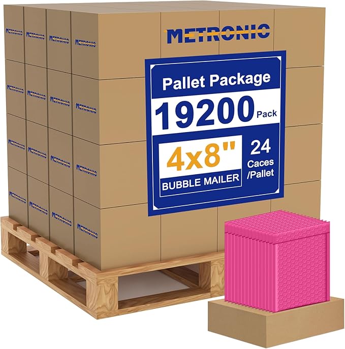 Metronic 19200 Pack Bubble Mailer 4X8 Inch Pink Full Pallet Usable Size 4x7 Waterproof Padded Envelopes Self-Seal Small Bubble Mailers Cushioning for Shipping, Jewelry Makeup Supplies, Packaging Bulk