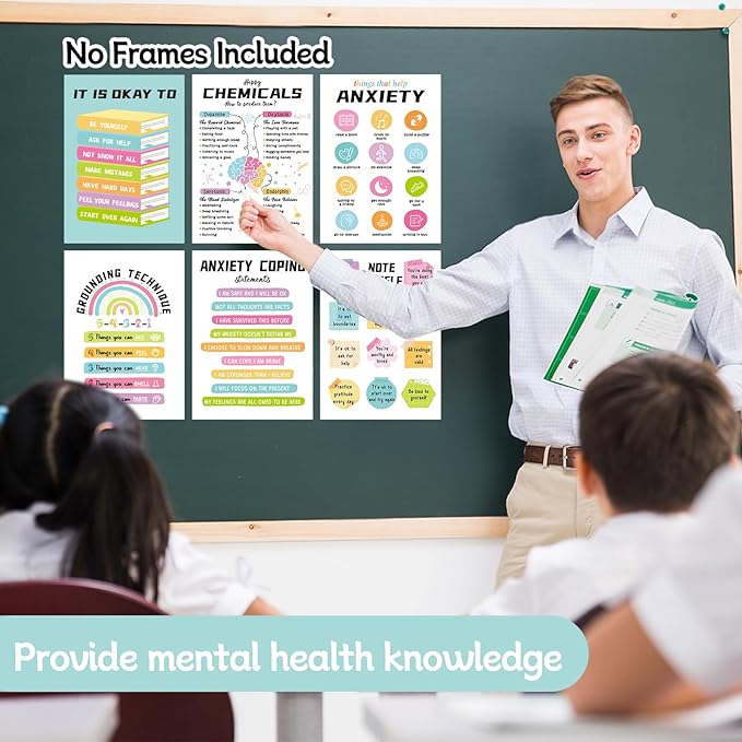 12 Pcs Mental Health Posters, Anxiety Therapy Office Decor, Counseling Office Must Haves, 10’’x14’’ School Counselor Supplies, Wall Art Decor Home Classroom Therapist Mental Health Gifts