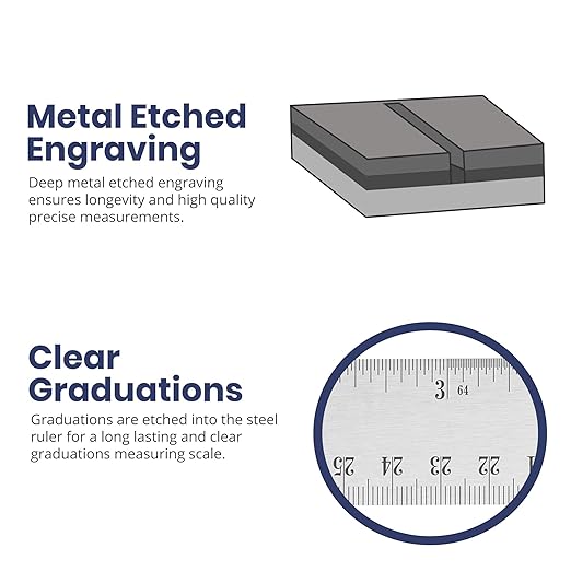 Stainless Steel 15 Inch Metal Ruler Non-Slip Rubber Back, with Inch and Metric Graduations