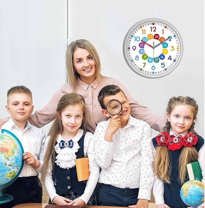 XFM Silent Kids Wall Clock Battery Operated 12 Inch Non Ticking Kids Teaching Clock Colorful Analog Learning Clock Decorative for Kids Room Classroom School