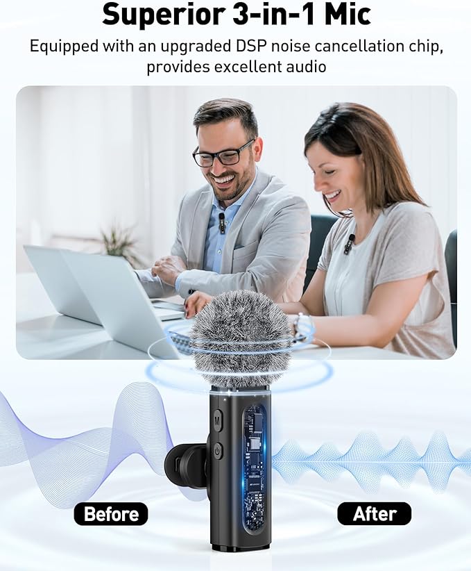 Wireless Lavalier Microphone for iPhone, Android, USB C, PC, Camera Video Recording 4 in 1 Clip-on Mics with Rotatable Clip&Denoise Recording, for Vlog Tiktok YouTube Podcast Content Creator