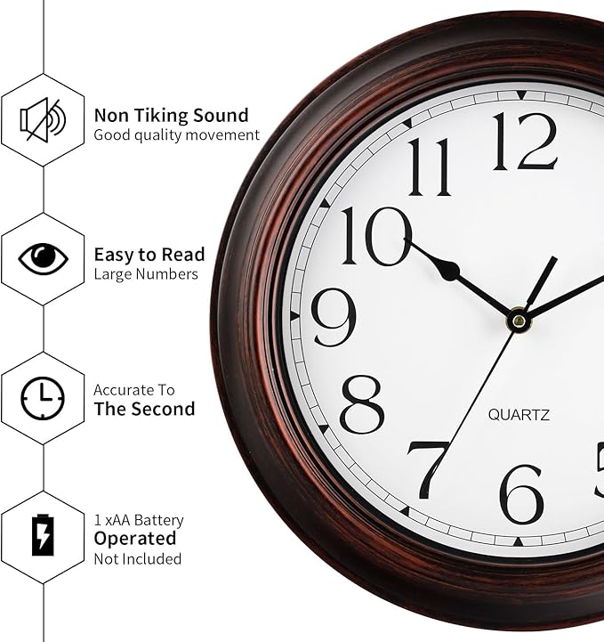 12 Inch Wall Clocks Battery Operated Silent Non-Ticking Wall Clock Vintage Retro Rustic Style Decorative for Living Room Kitchen (Bronze)