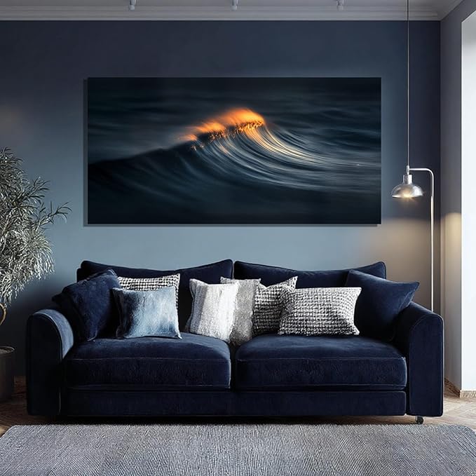 ZENPEE Abstract Wave Canvas Wall Art, 20x40 Inch Ocean Wave Painting in Dark Blue and Orange, Modern Sea Artwork for Living Room Bedroom Office Decor, Ready to Hang