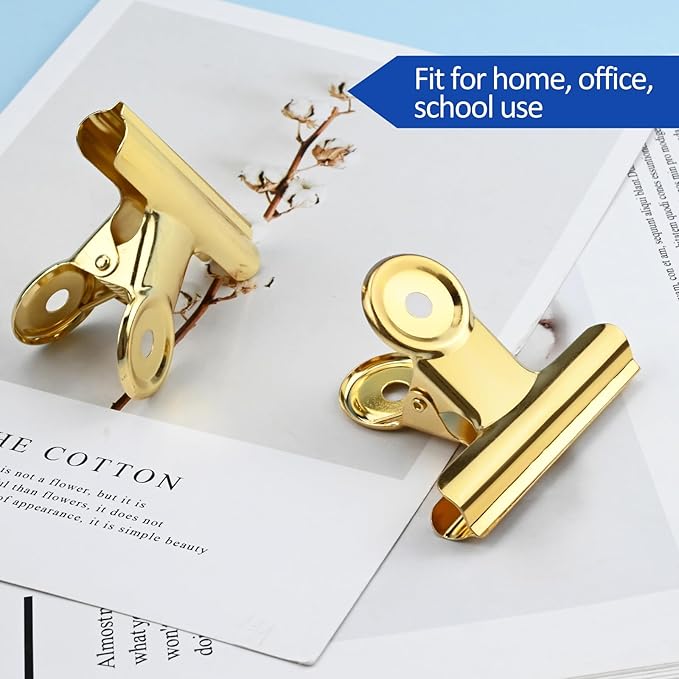 20 Pack Large Metal Hinge Clips 2 Inches Bull Hinge Paper Clips Gold Bulldog Clips for Crafts, Photo, Drawing, Food Bags at Home, Office, School, Shop, Gold, 51mm
