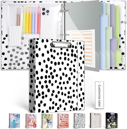 3 Ring Binder Organizer, 1 Inch Three Ring Binders with Clipboard, 5-Tabs Pockets Dividers, Transparent Plastic Folder, Pen Loop, 18 Divider Stikers, BVSSX Decorative Binder, Polka Dot, Letter Size