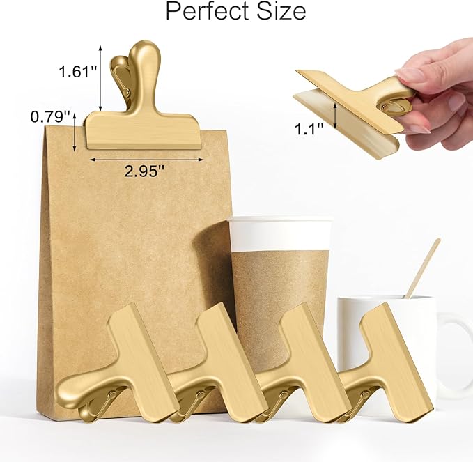 12 Pack Chip Clips, Stainless Steel Chip Bag Clips, Food Clip, Heavy Duty Bag Clip for Food Storage, Perfect for Kitchen Office Usage(Gold)