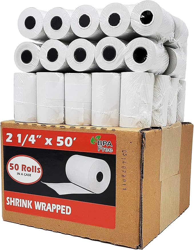 (1000 Rolls) 2 1/4 x 50 Thermal Paper Receipt Rolls 55 GSM Premium Quality German Paper fits all Credit Card Terminals VX520, ICT220 ICT250 BPA Free from BuyRegisterRolls